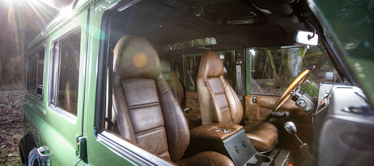 View of Defender front seats with brown leather trim