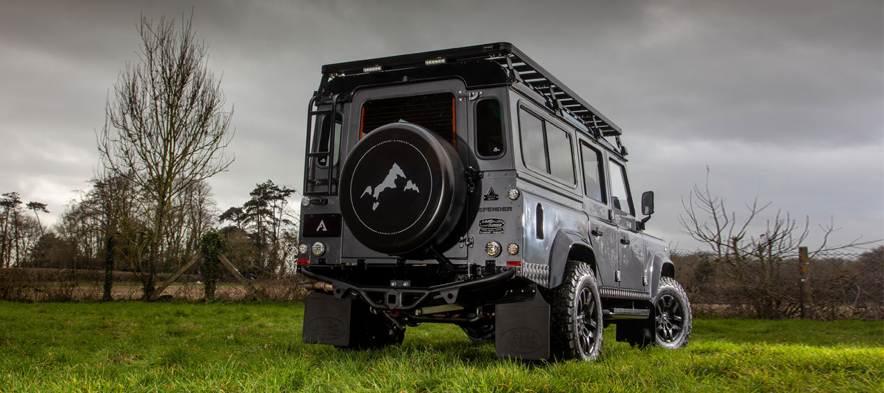 Rear view of Land Rover Defender in a field