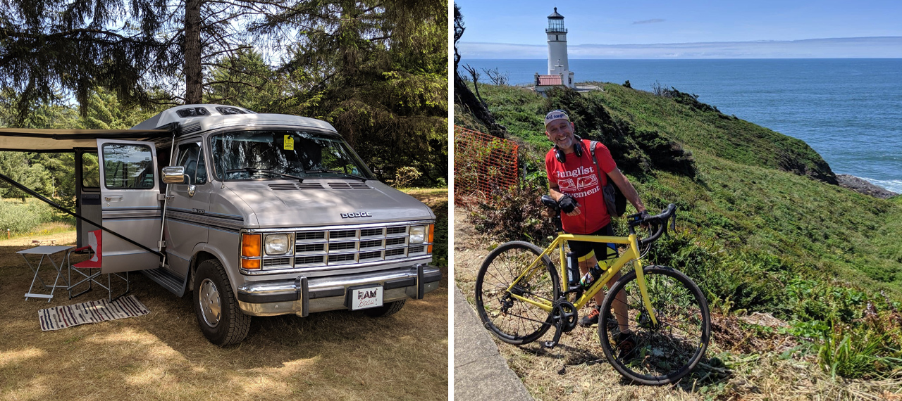Campervan and Andy Hayes with bike on the Oregon Coast