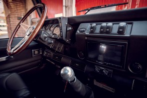 Land Rover Defender dash, steering wheel and gear stick.