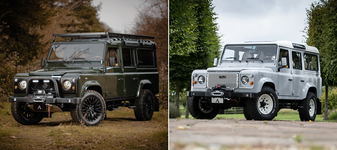 Split view of Arkonik Heritage style green and grey Defender 110s