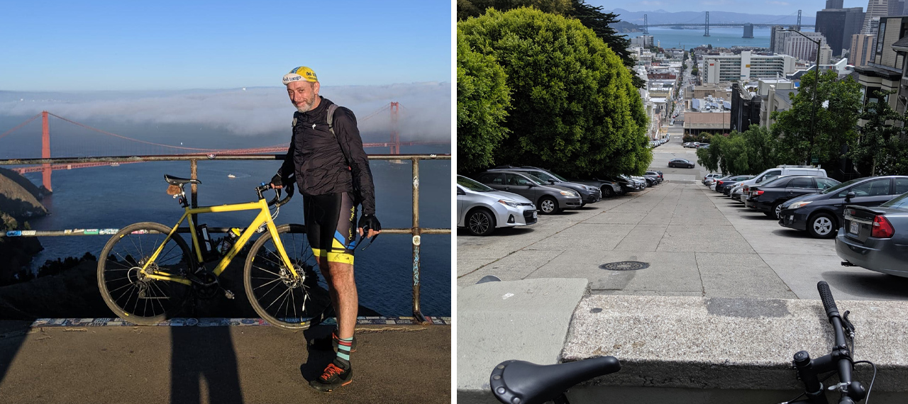 Man with bike overlooking San Francisco harbour