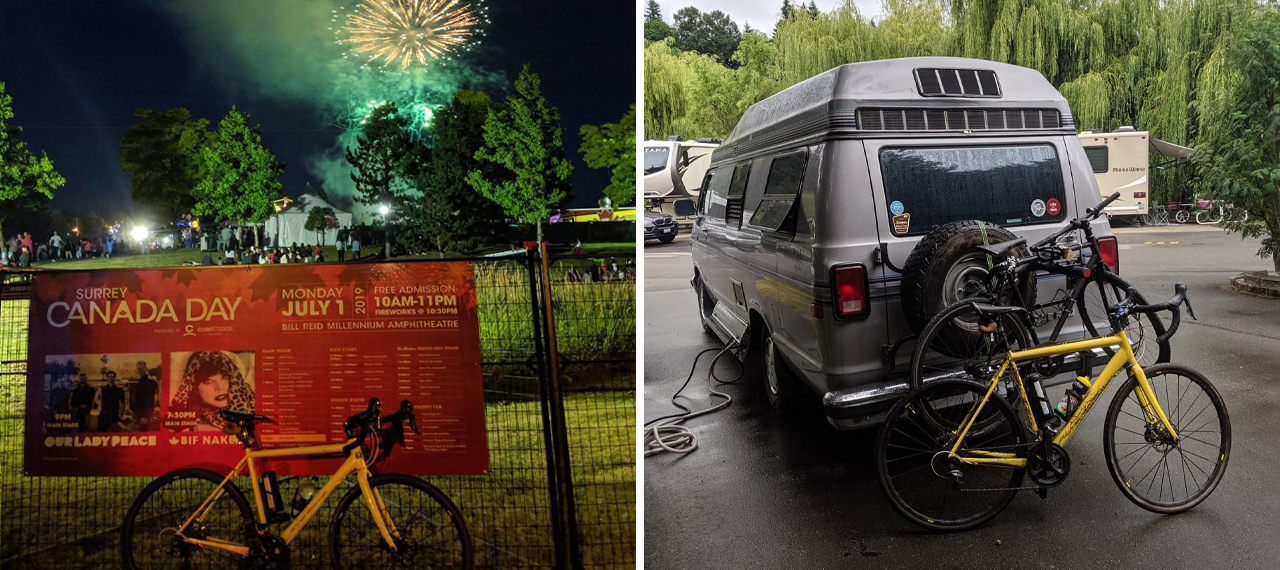 Bike with fireworks behind and campervan